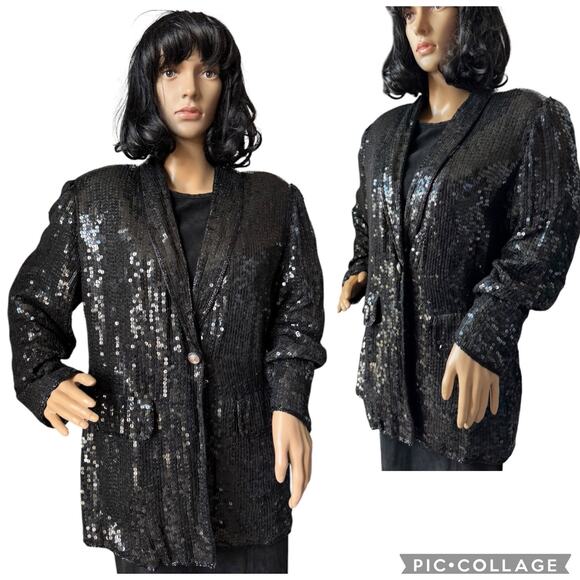 American Vtg Black Silk Sequined Formal Occasion one button Blazer coat medium - Picture 1 of 17